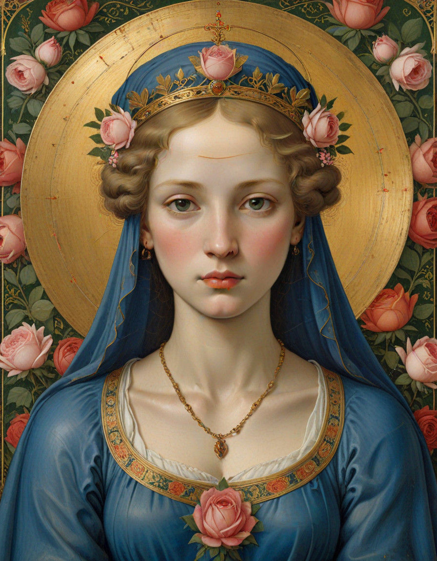 Ethereal Queen in Golden Splendor Amidst Floral Paradise