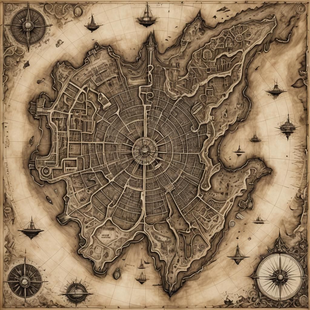 Detailed Charcoal Map of Atlantis in Sepia