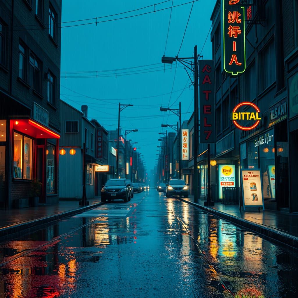 Rainy Street Scene with Neon Lights
