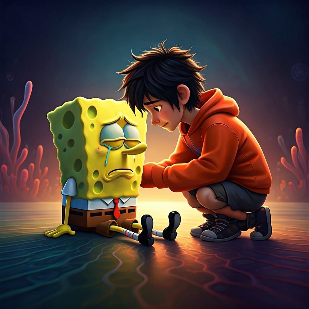 SpongeBob Mourns, Hiro Comforts: Pixar-Inspired Digital Art