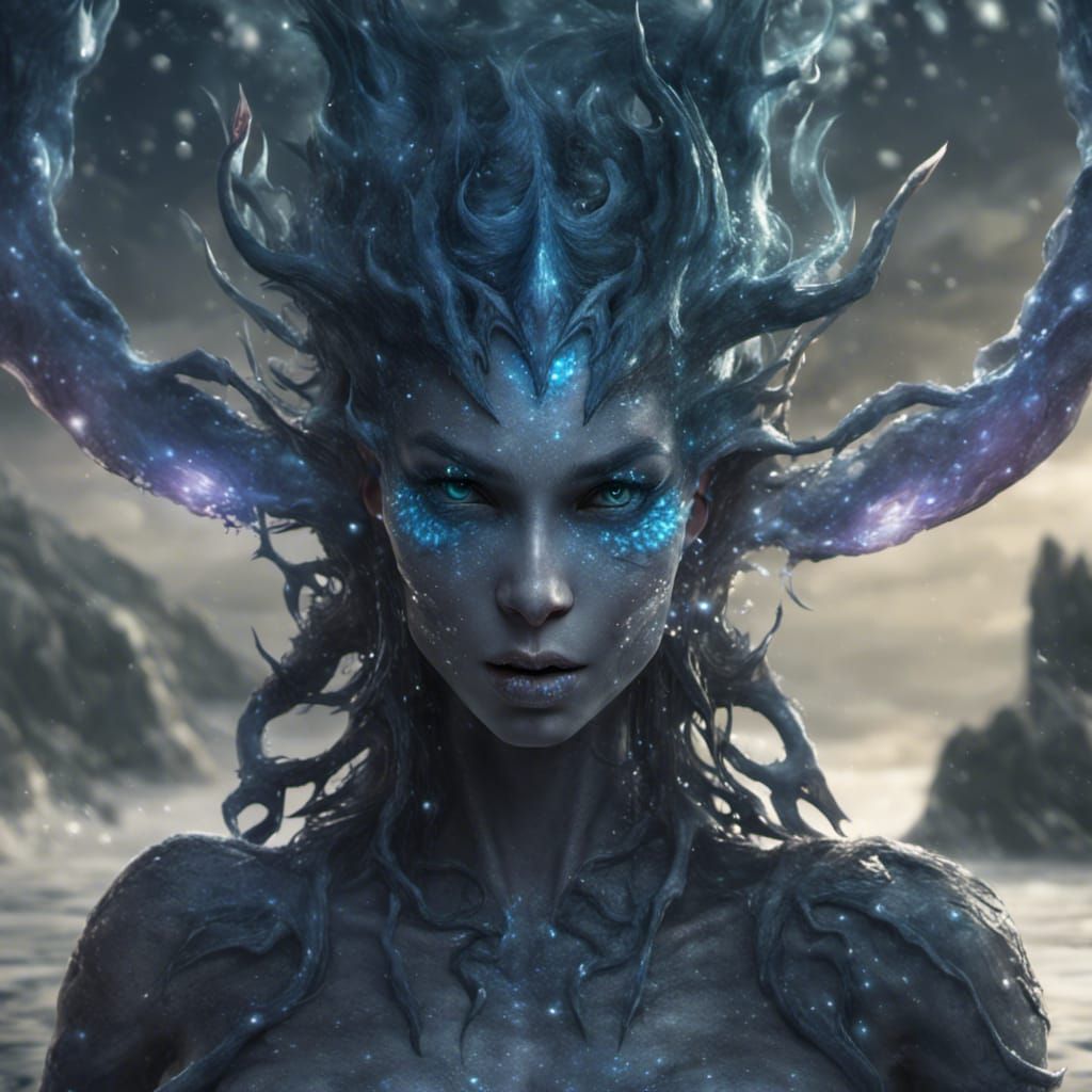 Icy-Eyed Water Demon Woman in Dark Fantasy Art