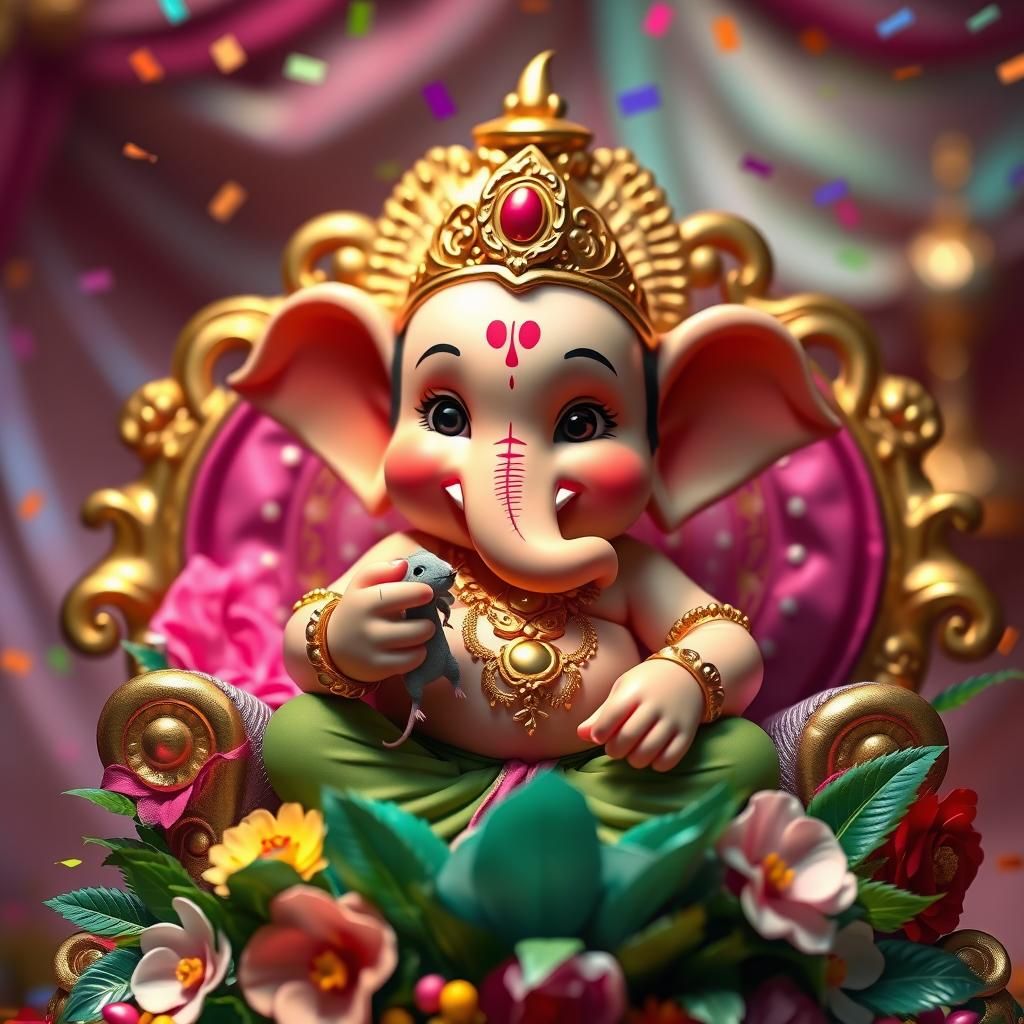 Baby Ganesha on Floral Throne, Hyperrealistic Art
