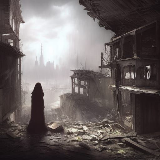 Heartbroken Cat Amidst Ruins: Dark Fantasy Art