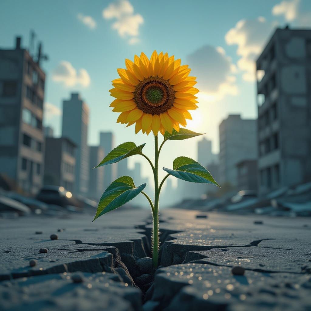 Sunflower Sprouts in Post-Apocalyptic Cityscape