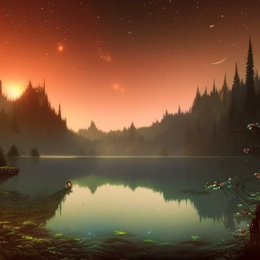 Tranquil Lake Under Night Stars: Fantasy Concept Art