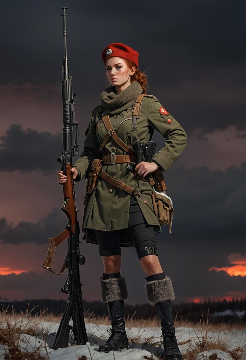 Female Soldier in Siberian Steppe with Sniper Rifle