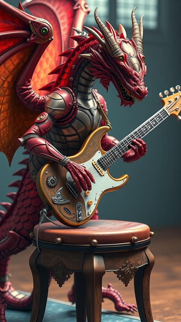 Steampunk Metallic Dragon Playing Guitar
