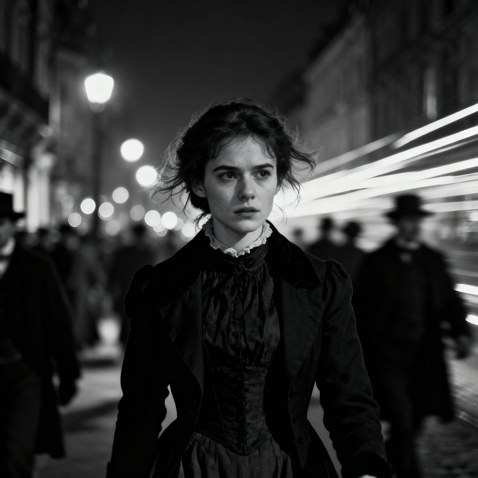 1880s Woman's Intense Portrait in Cinematic City Night