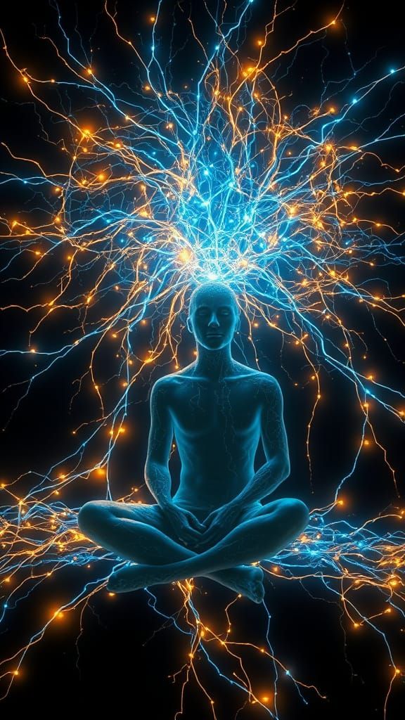 Figure in Neural Light Amidst Chaos, Digital Matte Painting