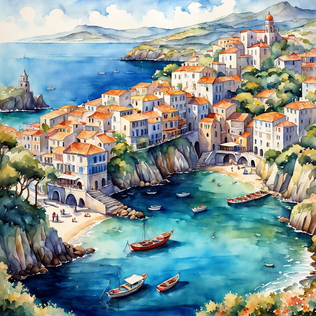 Vibrant Mediterranean Seaside Town in Whimsical Watercolour ...