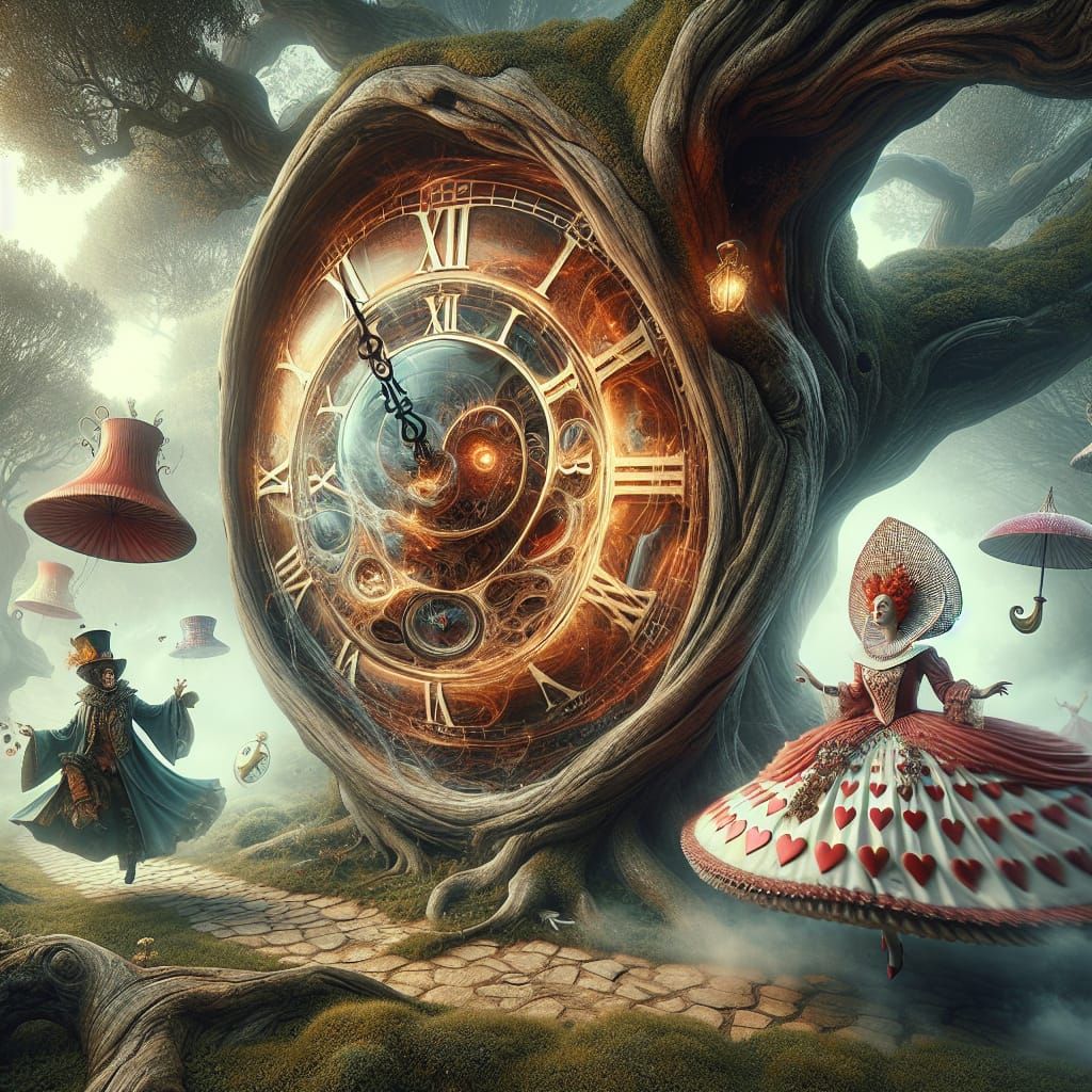 Surreal Wonderland Scene with Melting Clock