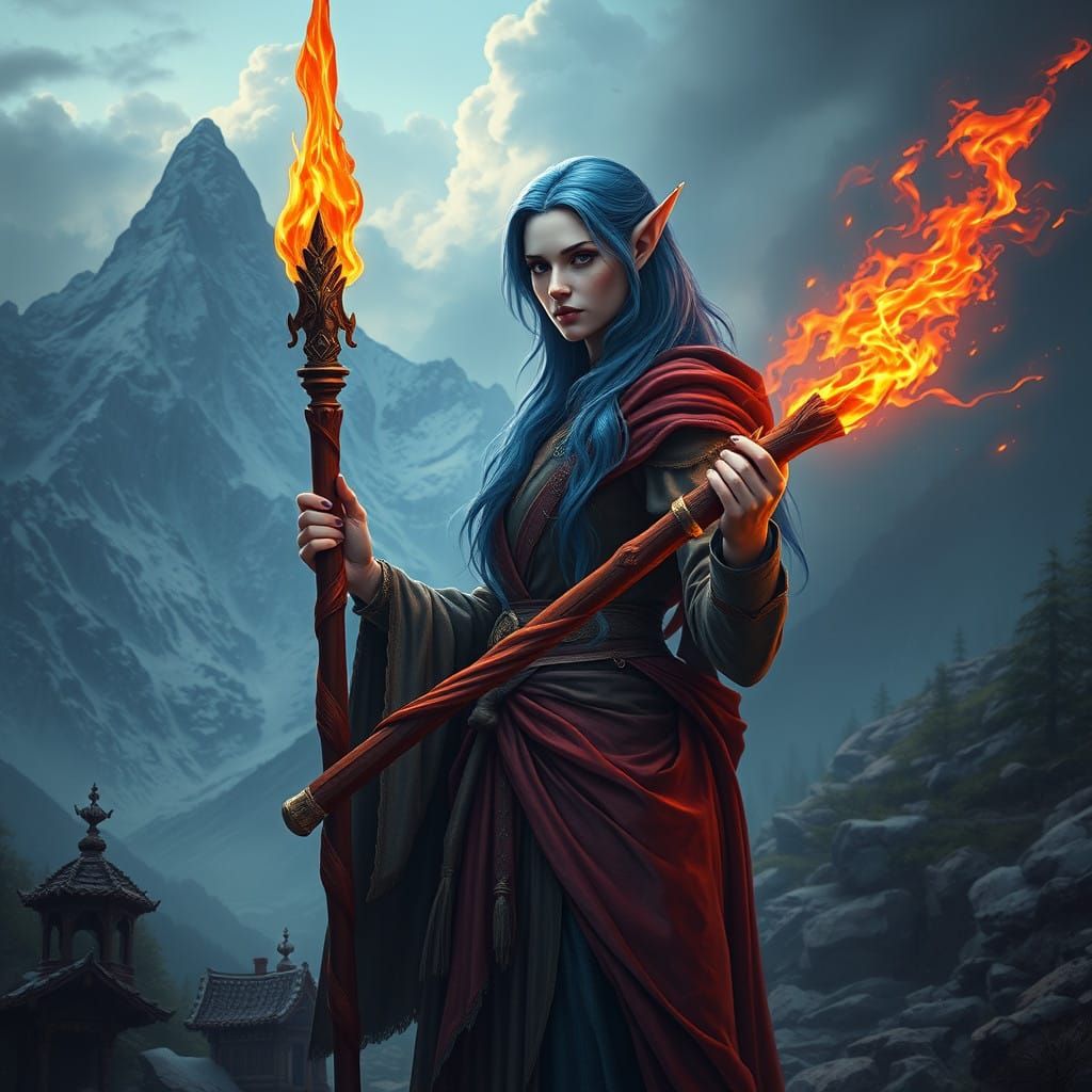 Elegant Elven Fire Mage on a Mountain Path to a Temple