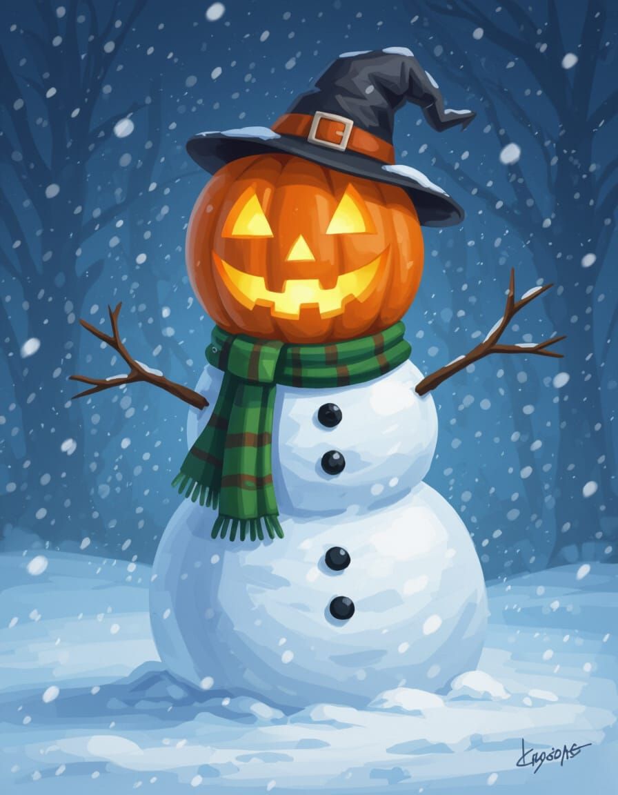 Jack-o'-lantern Snowman in Winter Wonderland Digital Paintin...