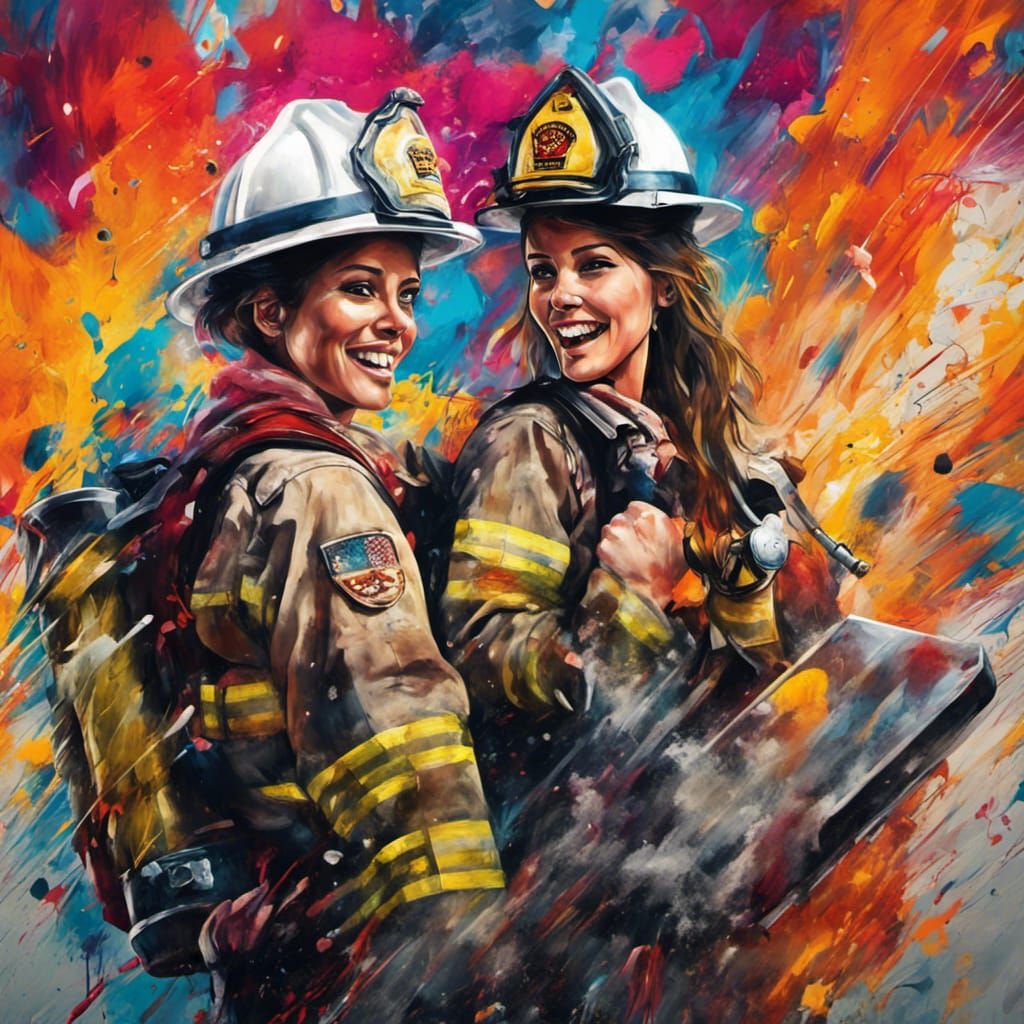 Victorious Firefighter Women in Graffiti Art Style