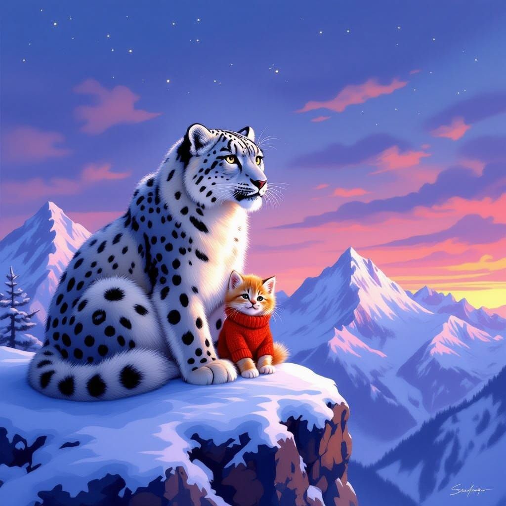 Snow Leopard and Kitten on Snowy Mountain