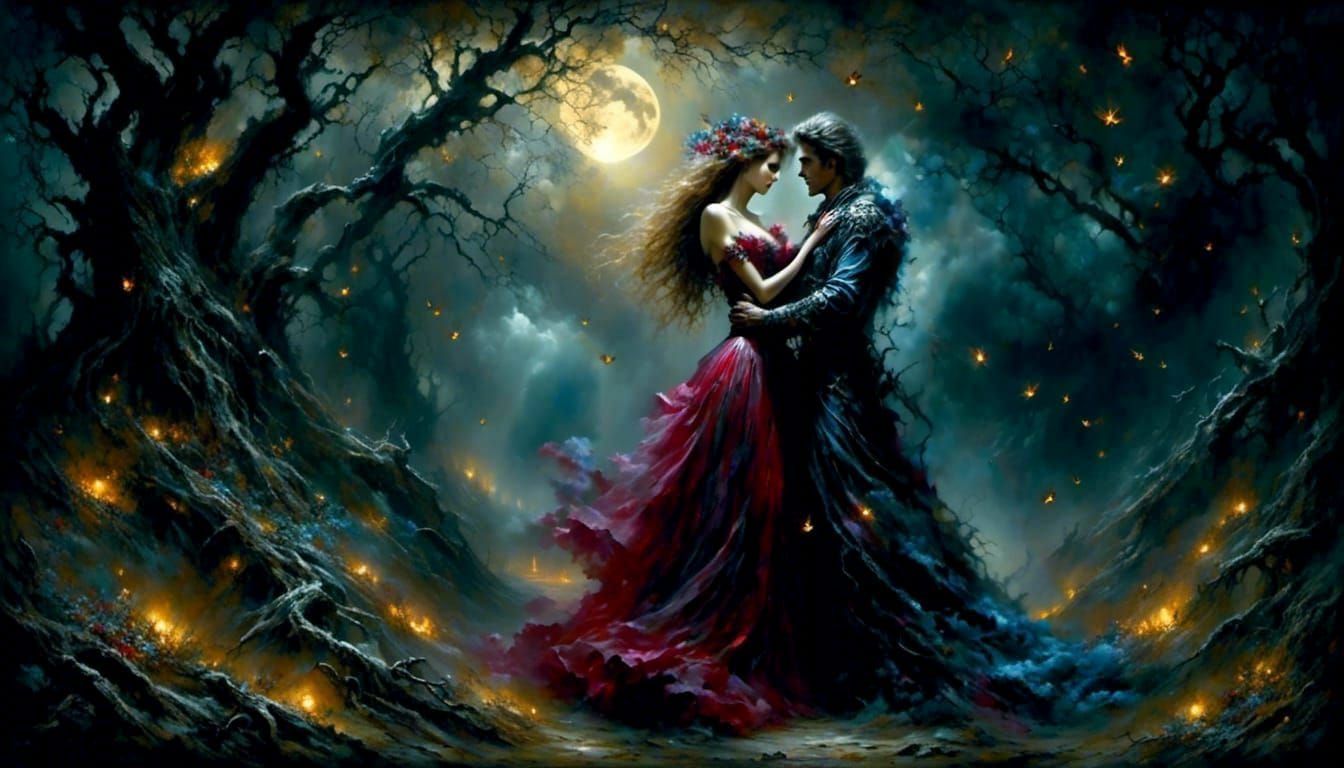 Lovers' Clandestine Embrace Under Moonlight