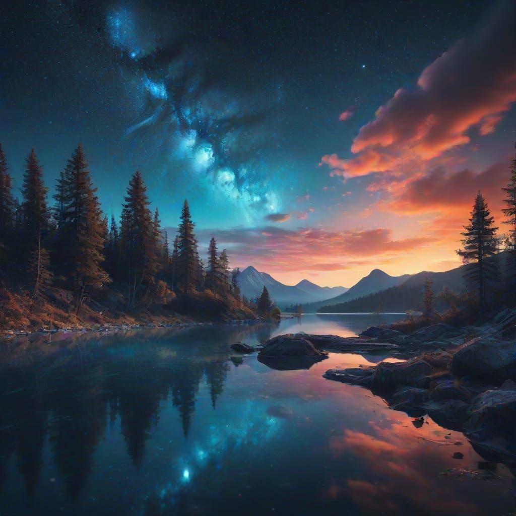 Cosmic Lake Portal in Surreal Art Style