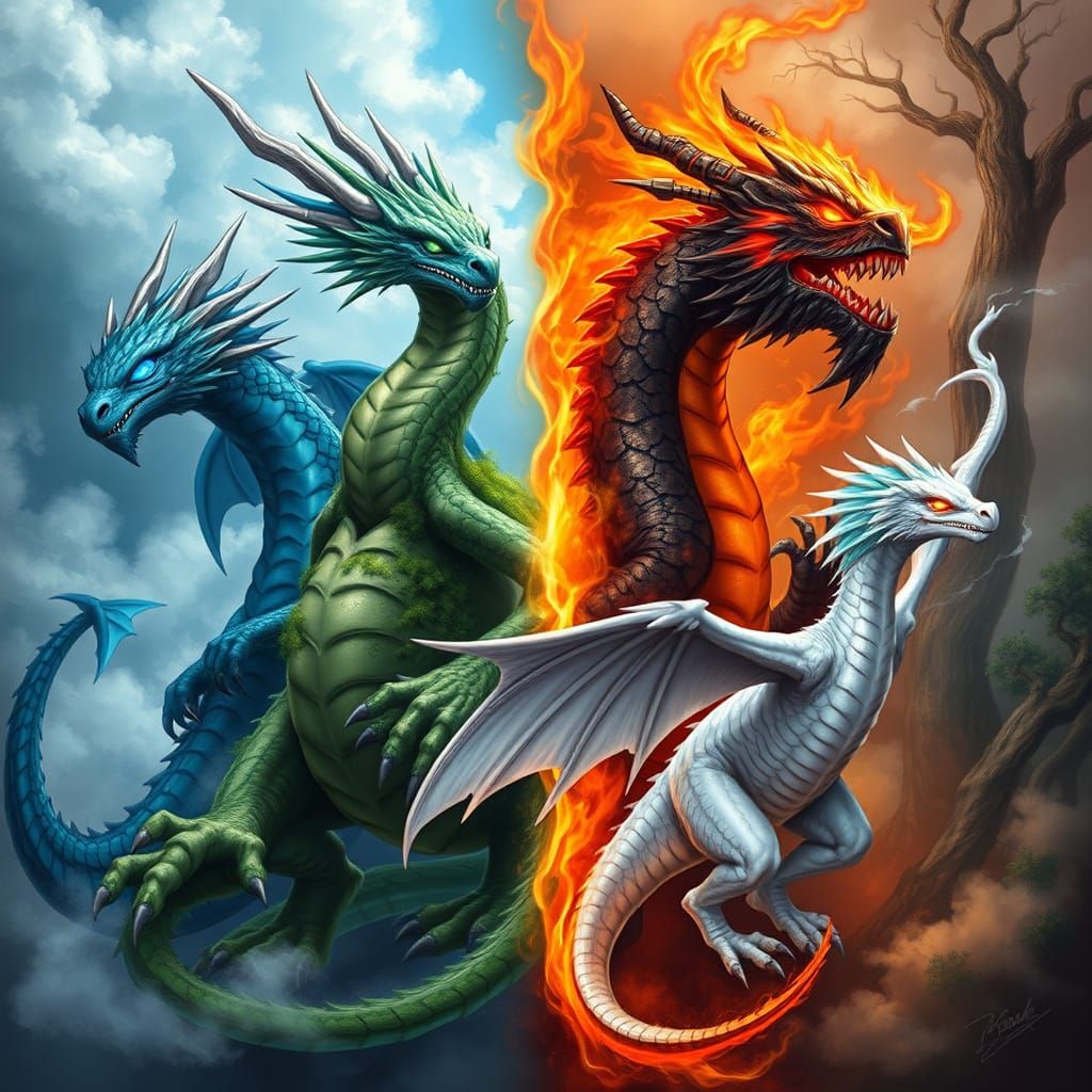Majestic Dragons Representing the Four Elements - Water, Ear...