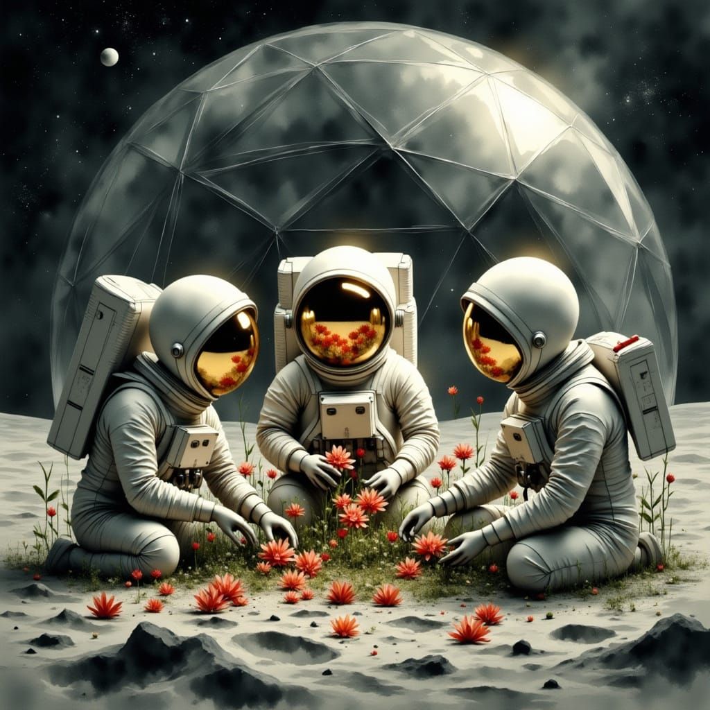 Astronauts Nurture Moon Flowers in Futuristic Geodesic Dome