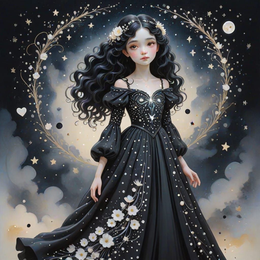 Girl in Black Gown with Constellation Polka Dots in Whimsica...