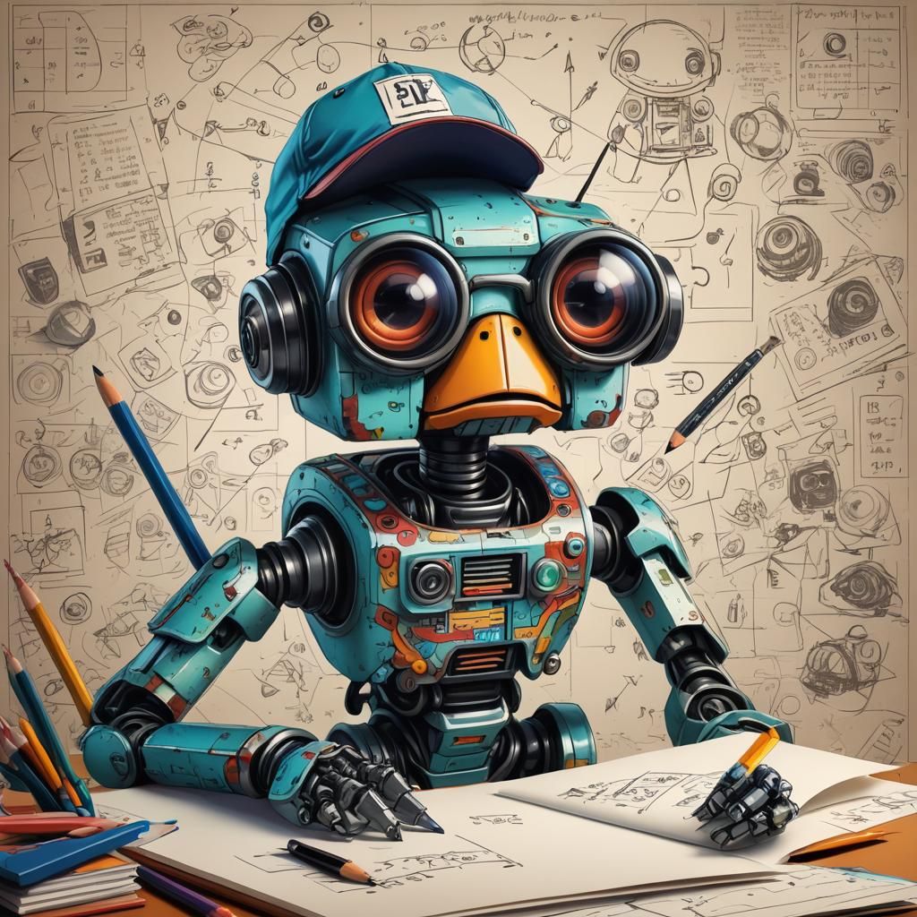 Comical Robot with Pencil in Cartoon Art Style
