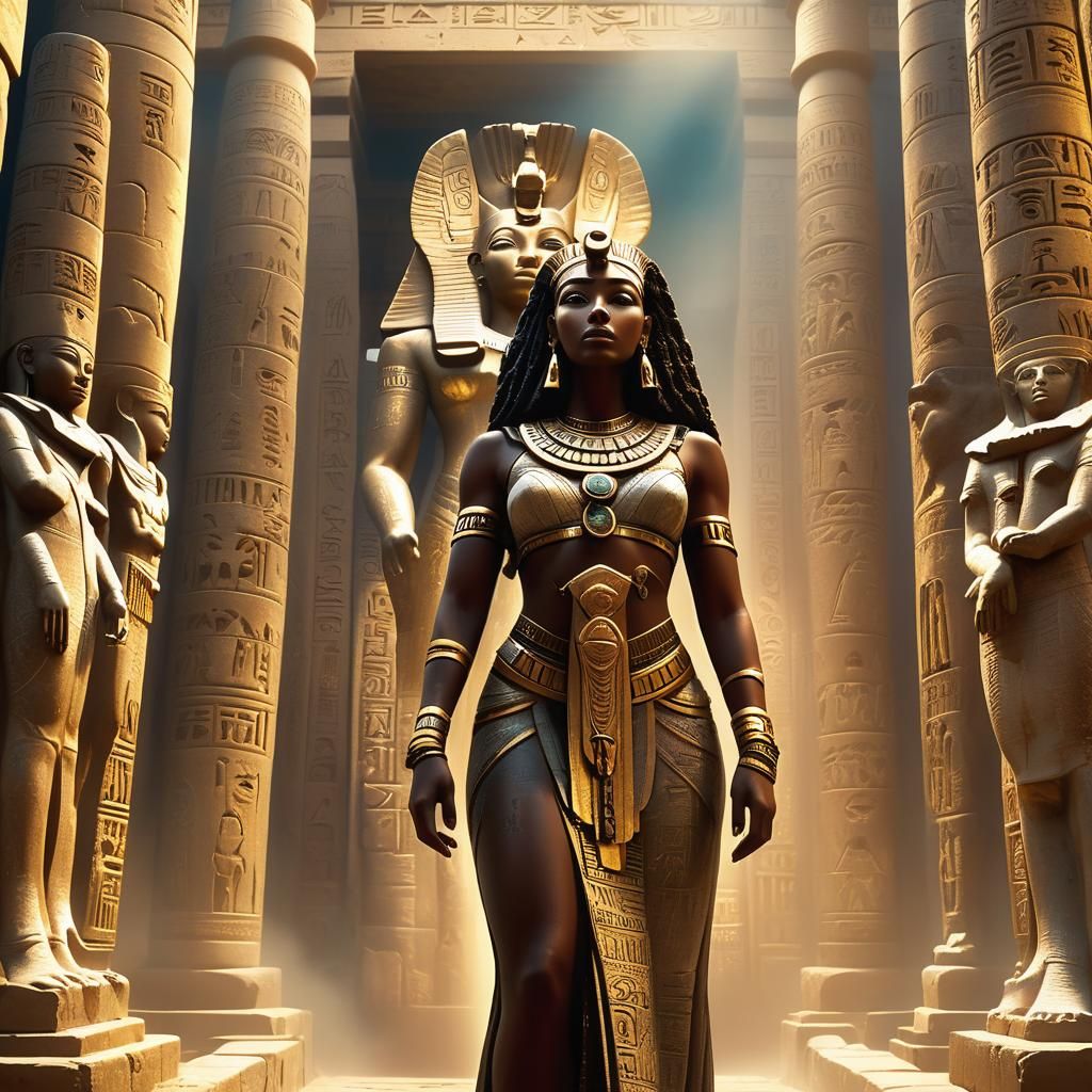 African Goddess Between Egyptian Statues in Digital Art