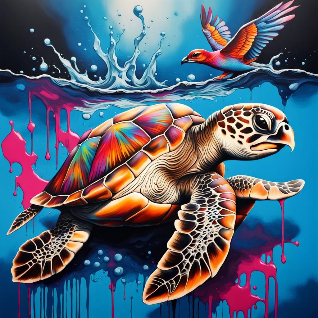 Colorful Graffiti Art of Baby Sea Turtle