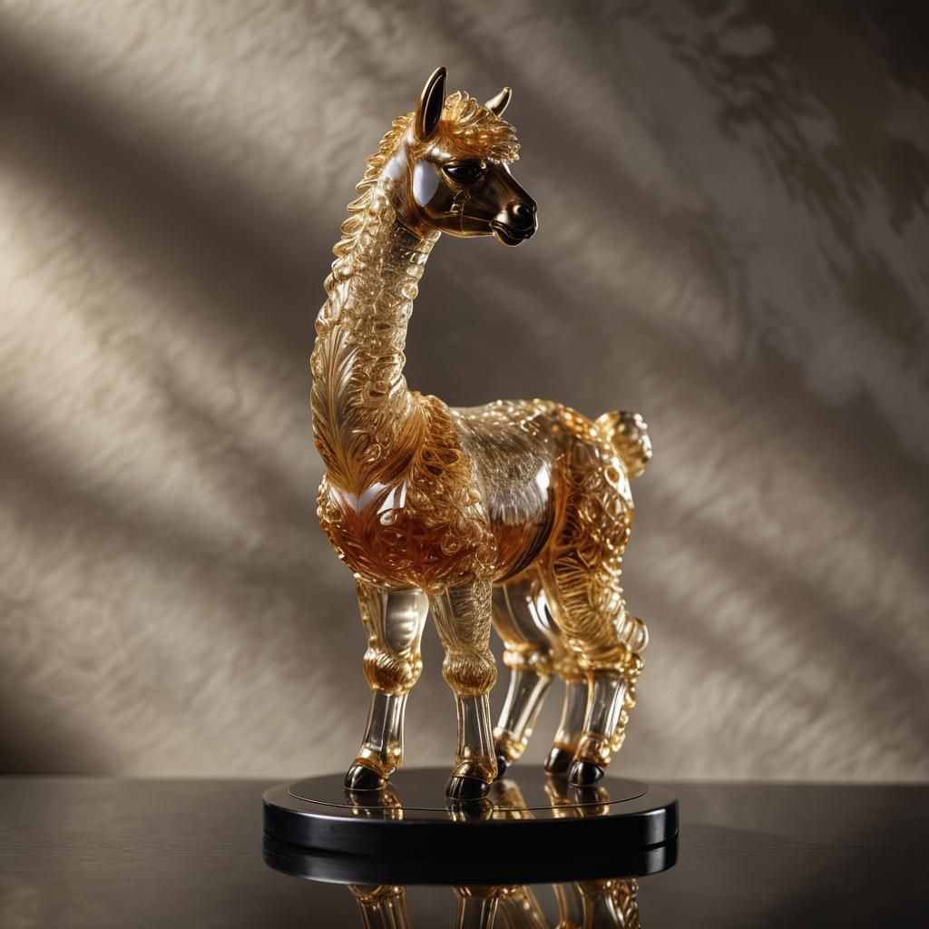 Hyperrealistic Glass Alpaca Figurine on Velvet Pedestal