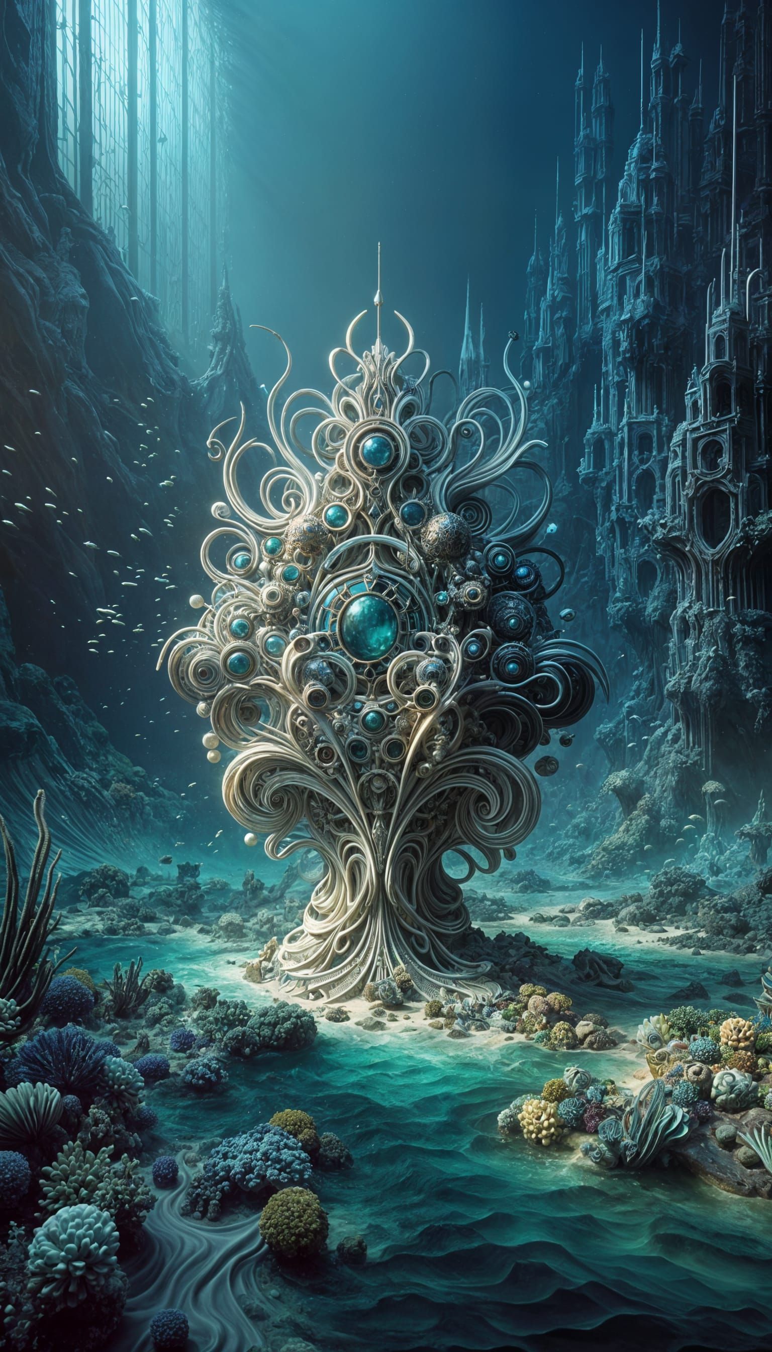 Eldritch Art Deco Sculpture in R'lyeh's Underwater Ruins