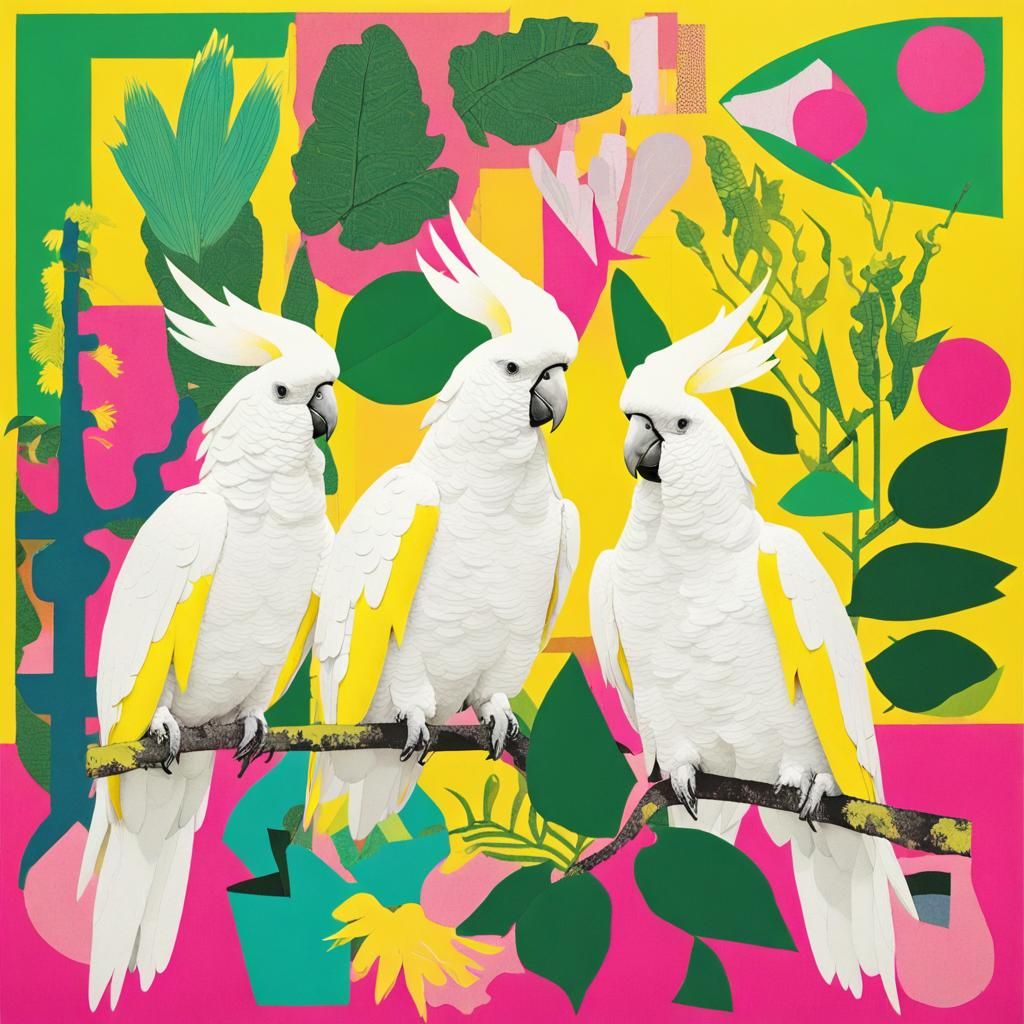 Cockatoos and Botanical Collage in Risograph Style