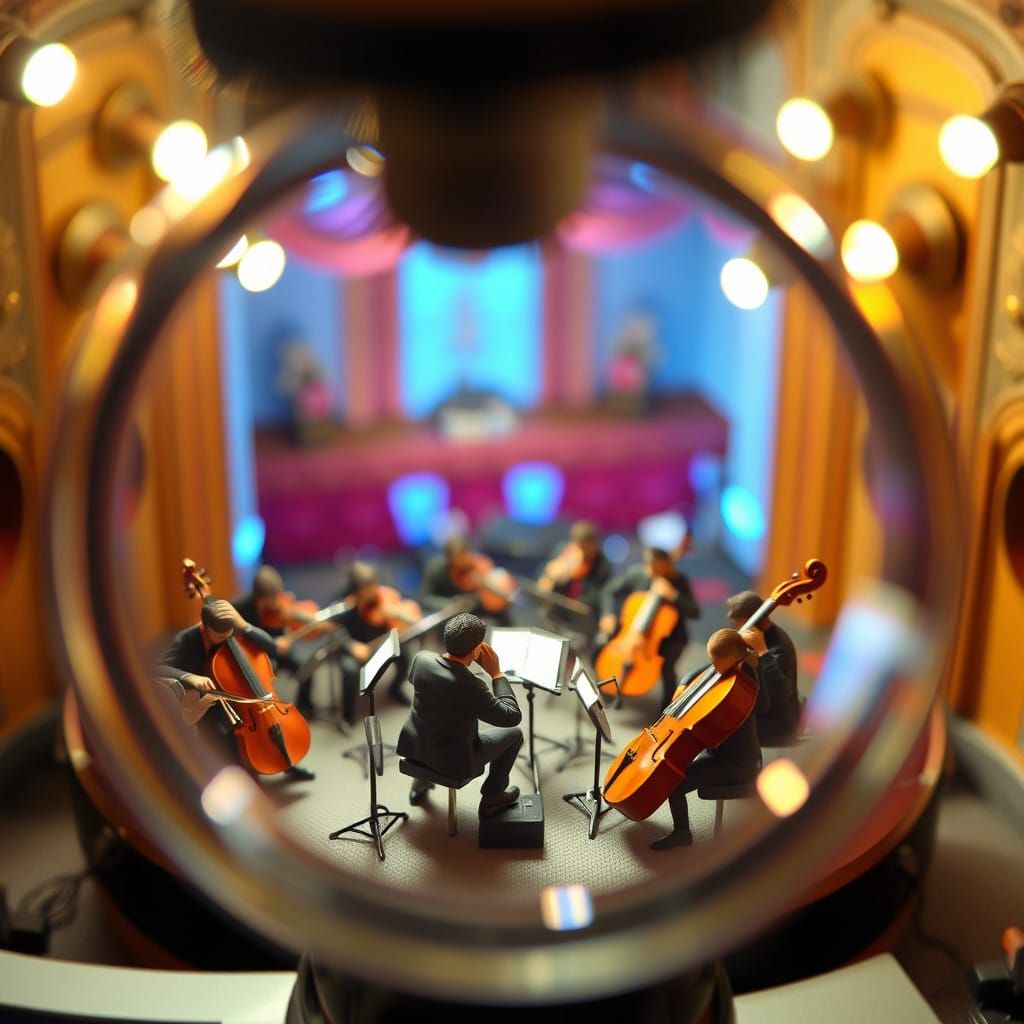 Hyperrealistic Microscopic Orchestra at a Miniature Theatre