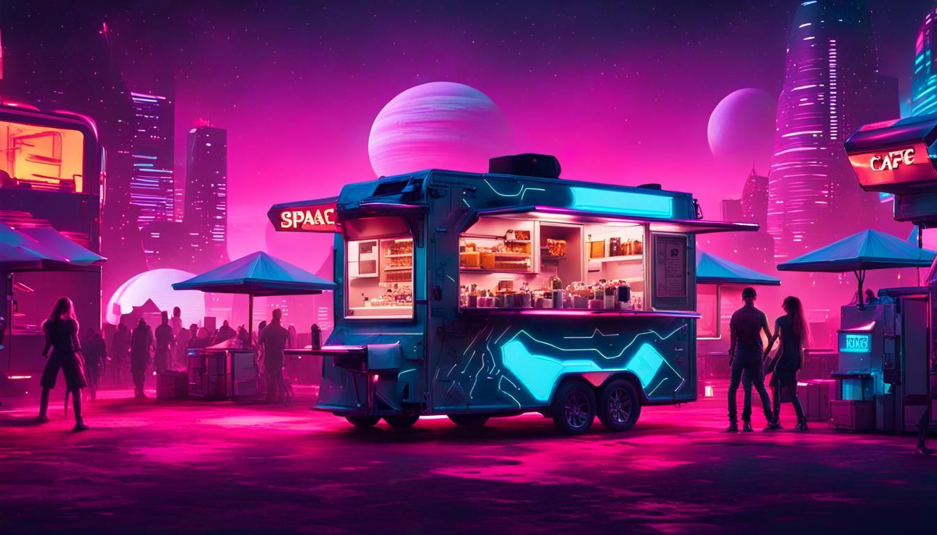 Cyberpunk Yard with Synthwave Food Trucks in Sci-Fi Style