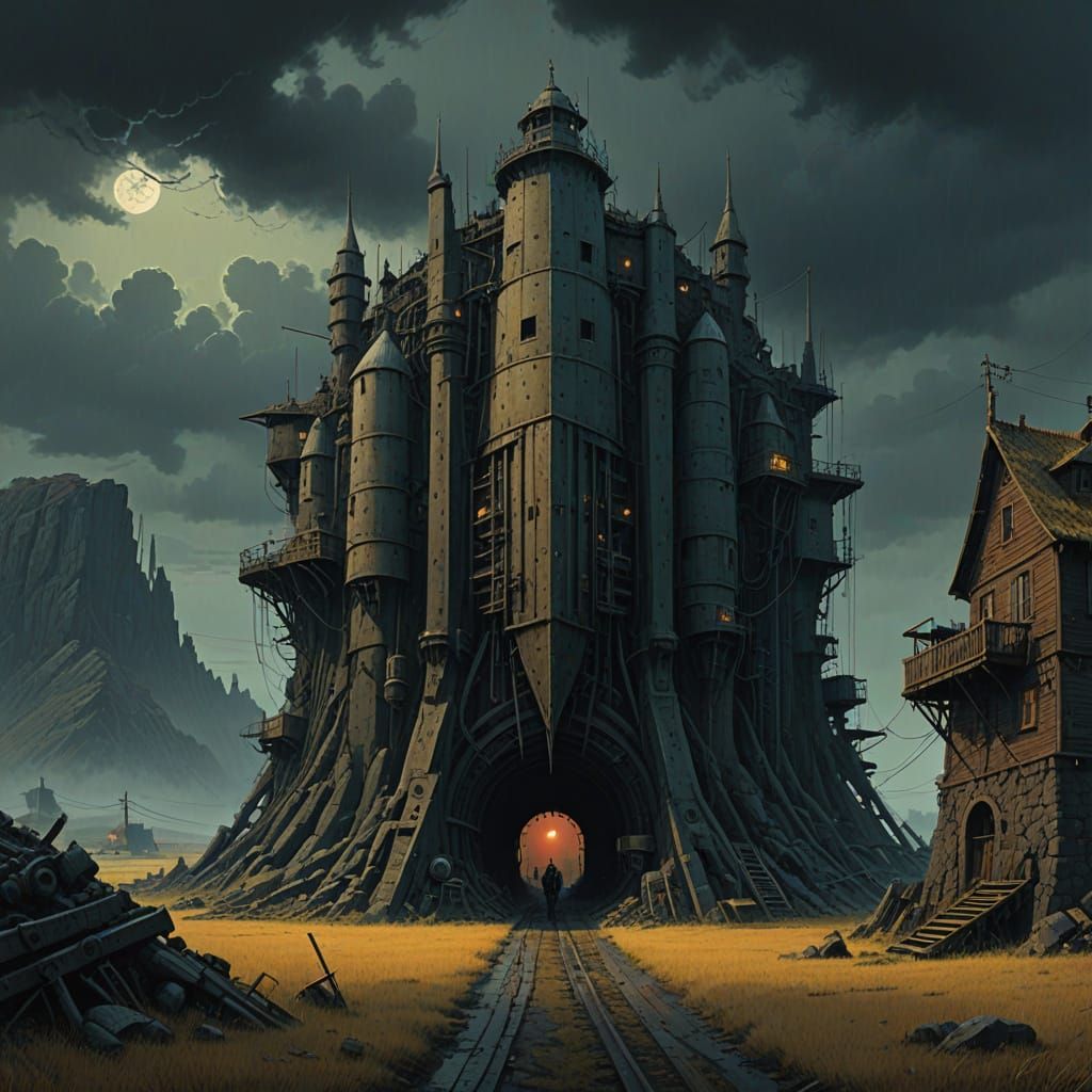 Dark Fantasy Fortress Shield Protects Mountain Village