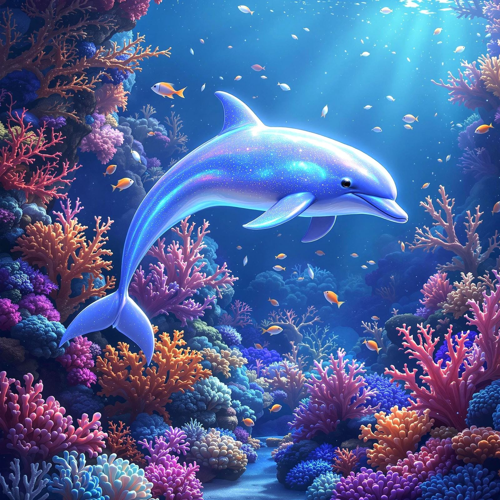 Surreal Opalescent Dolphin Glides Over Enchanted Coral Reef