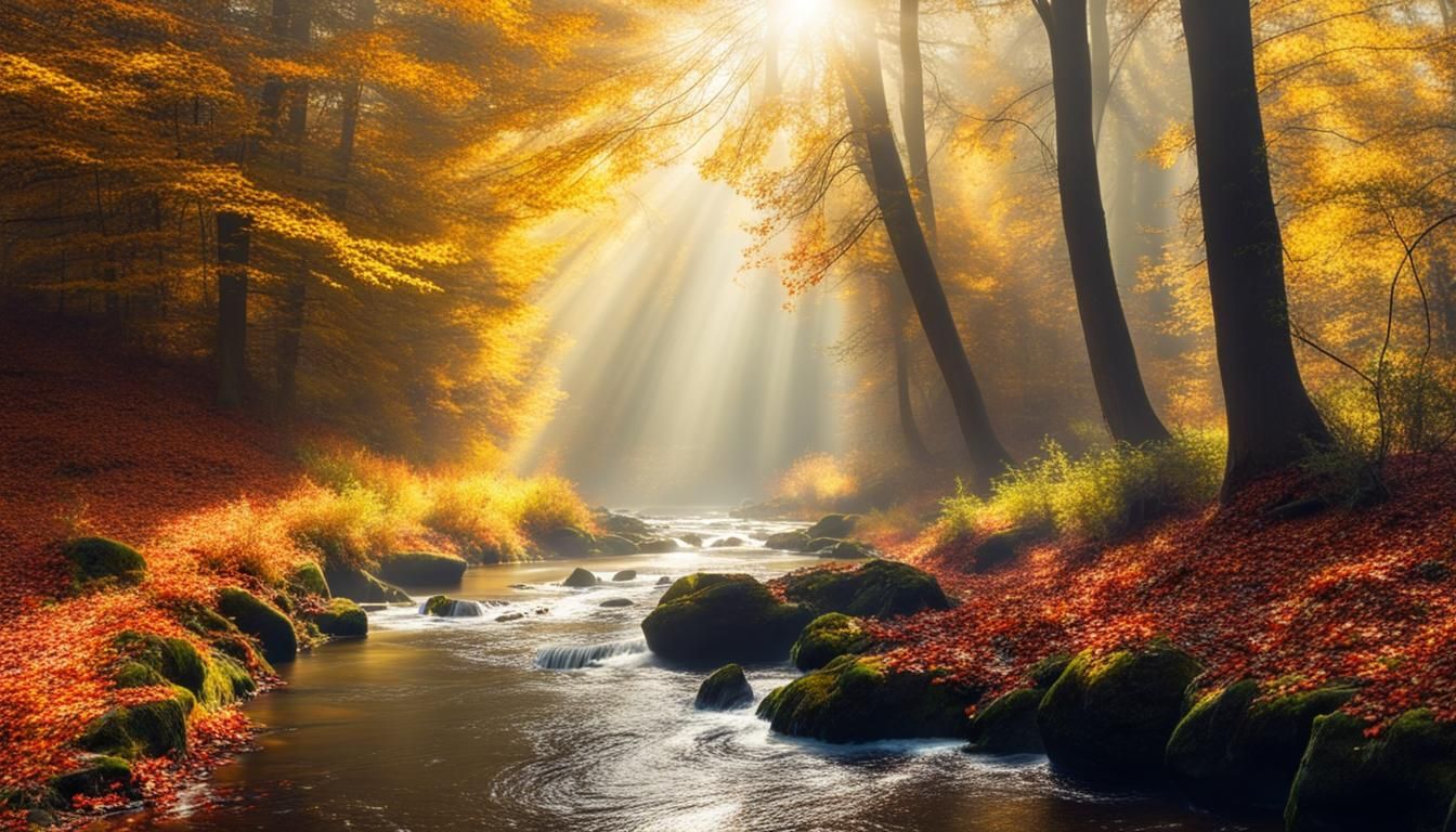 Autumn Forest River in Golden Sunlight