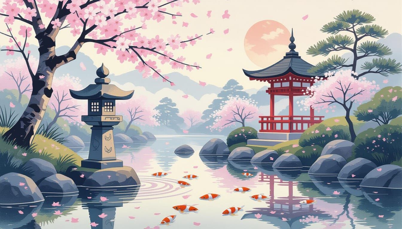 A serene Japanese garden at dawn, with cherry blossoms gentl...