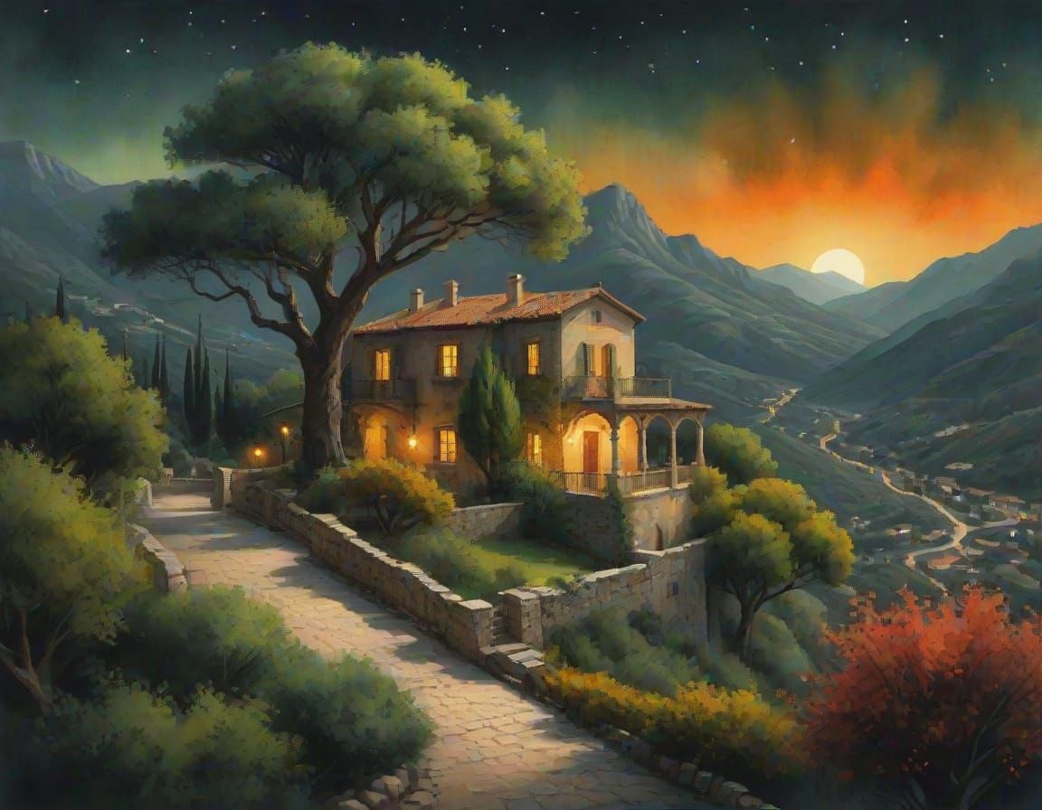 Vibrant Mediterranean Night Scene in Watercolor Style