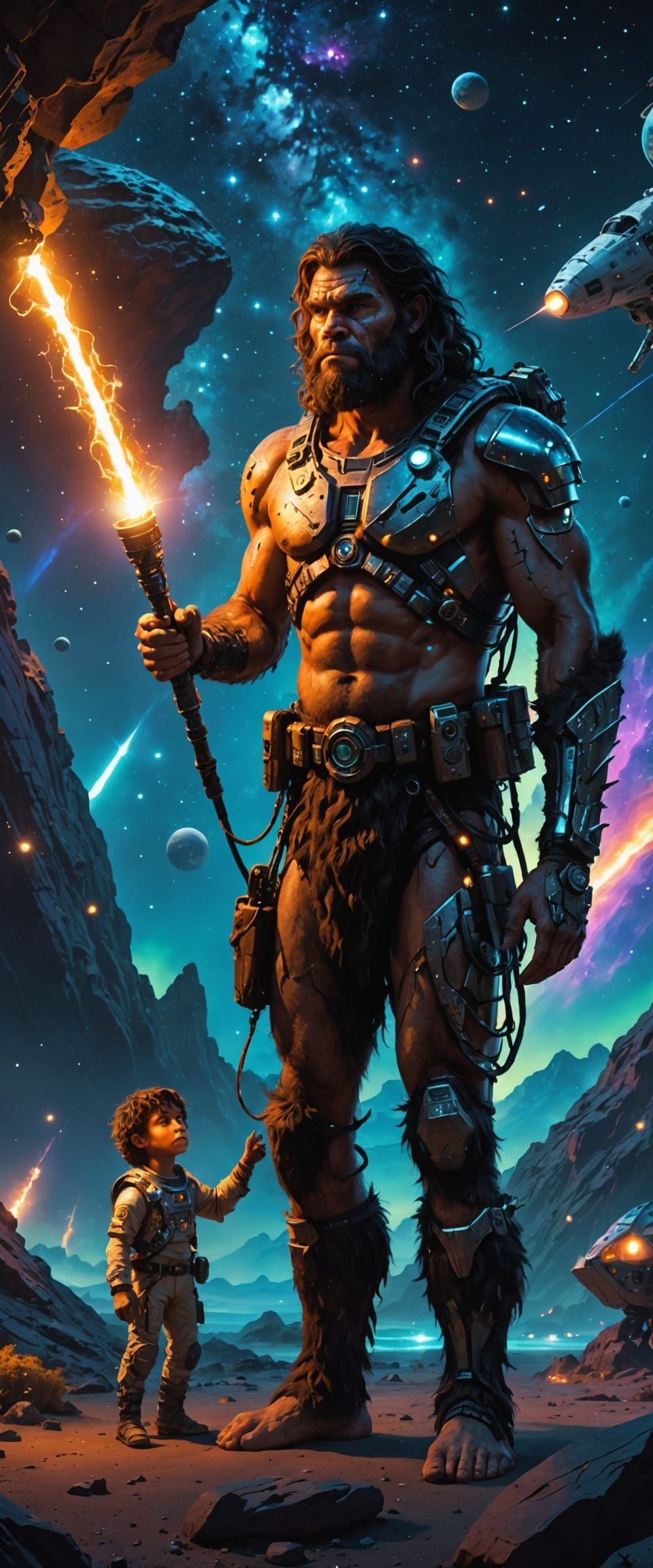 Caveman Meets Astronaut Under Cosmic Sky