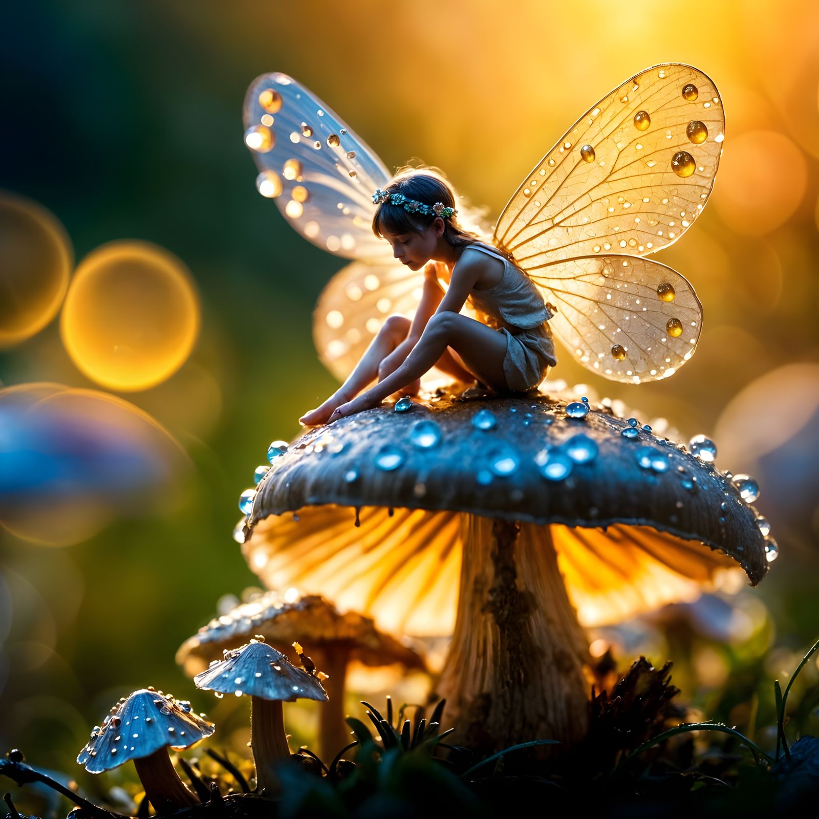 Macro Fairy on Mushroom with Dew Drops