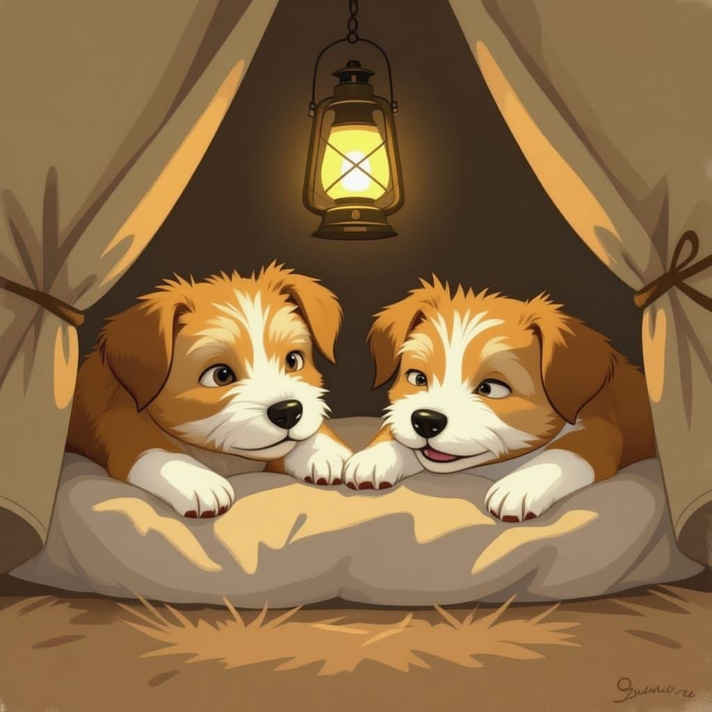 Two Terrier Dogs Sleeping in a Cozy Tent by Lantern Light