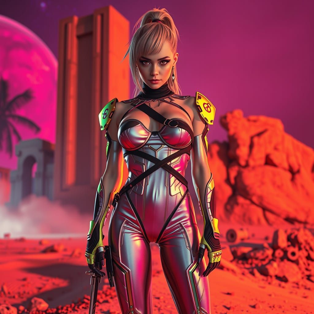 Futuristic Gladiator on Ruins in Cyberpunk Style