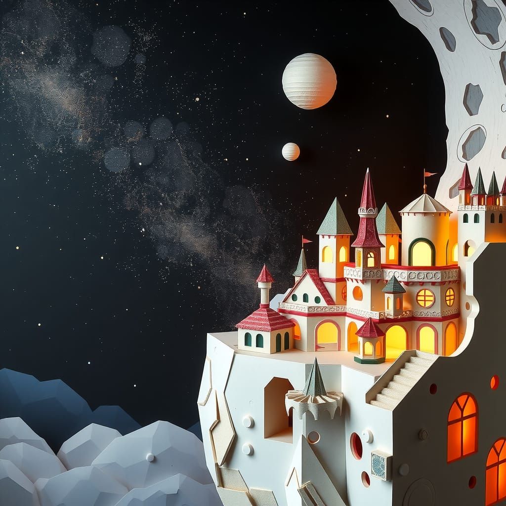Whimsical Papercraft City on a Cratered Moon
