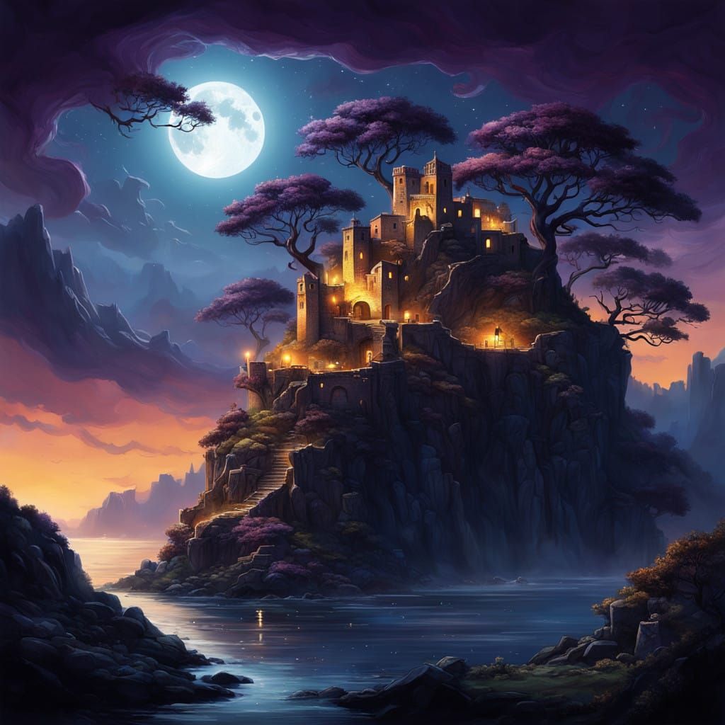 Dark Fantasy Mediterranean Village Under Sickle Moon