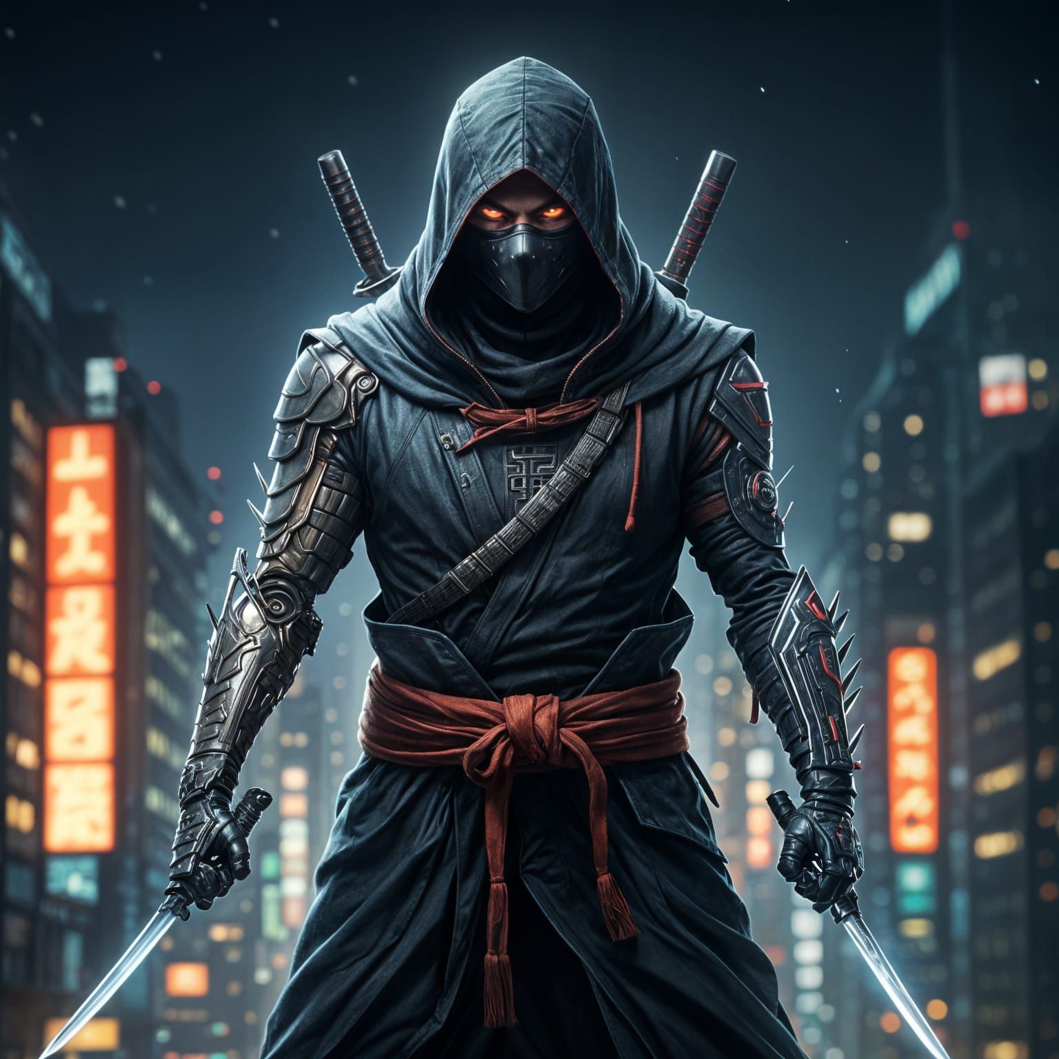 Cybernetic Ninja with Fox Mask on Tokyo Rooftop