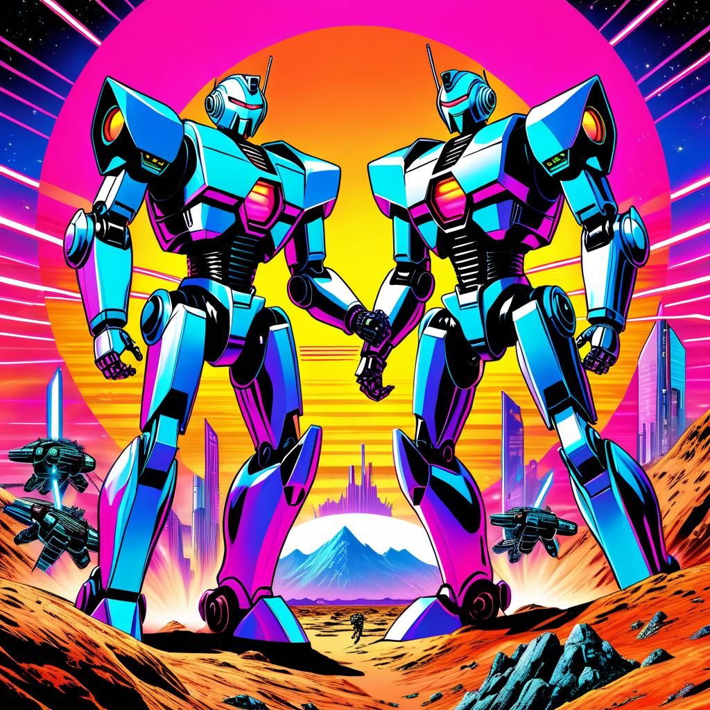 Giant Robots Clash in Retro Comic Art
