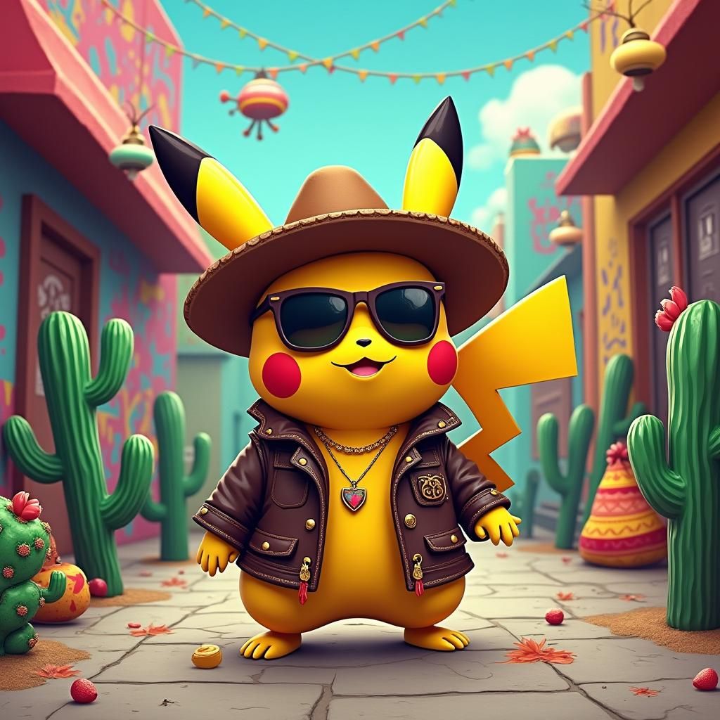 Colorful Low-Poly Pikachu in Mexican Streetscape