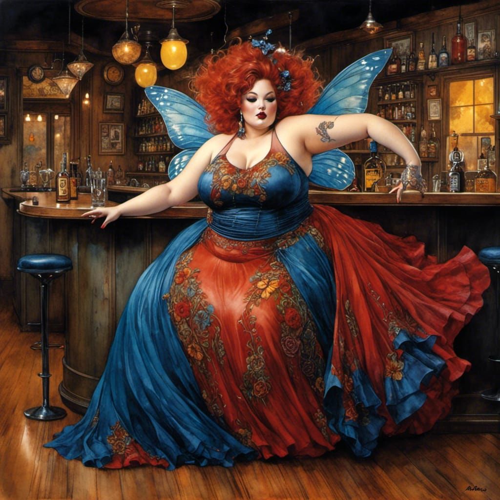 Comical Fairy Bar Scene with Tattoos in Fantasy Style