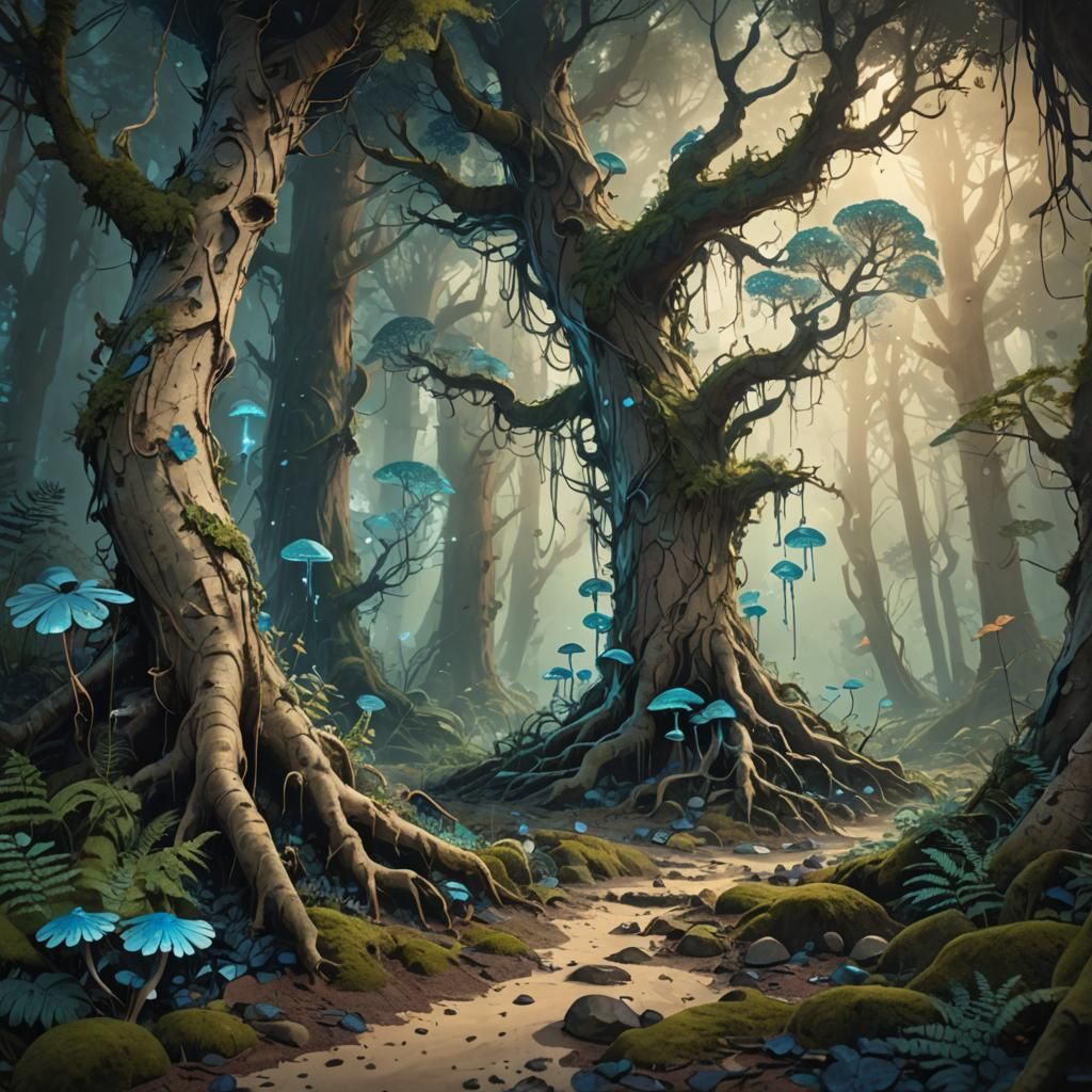 Mystical Forest with Glowing Mushrooms in Ink Splatter Art
