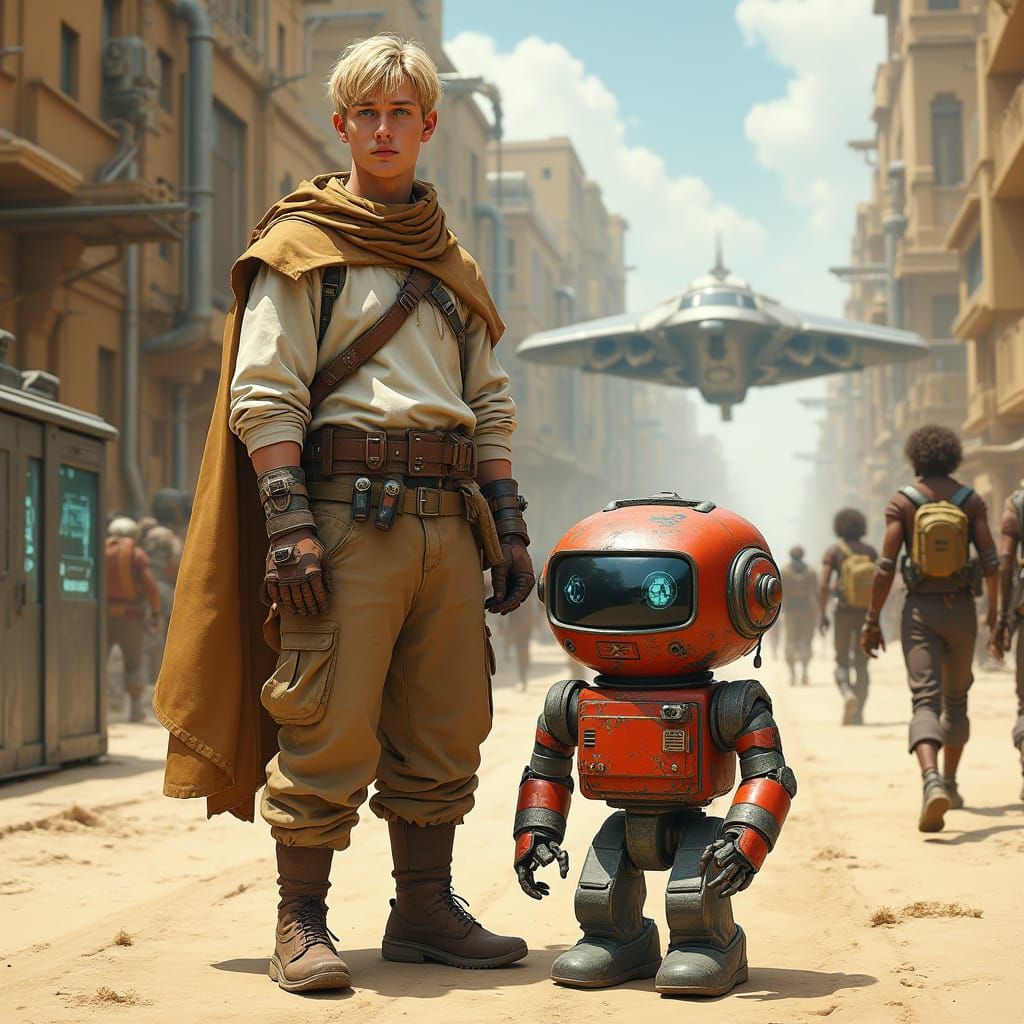 Young Adventurer in Dusty Street Scene, Cyberpunk Style