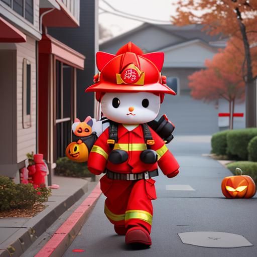 Hello Kitty dressed up for Halloween as a firefighter with a...